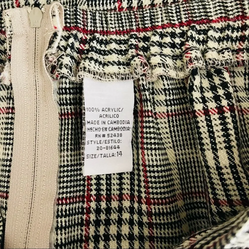 Vintage cream black plaid preppy fringe academia lightweight knit skirt 14
